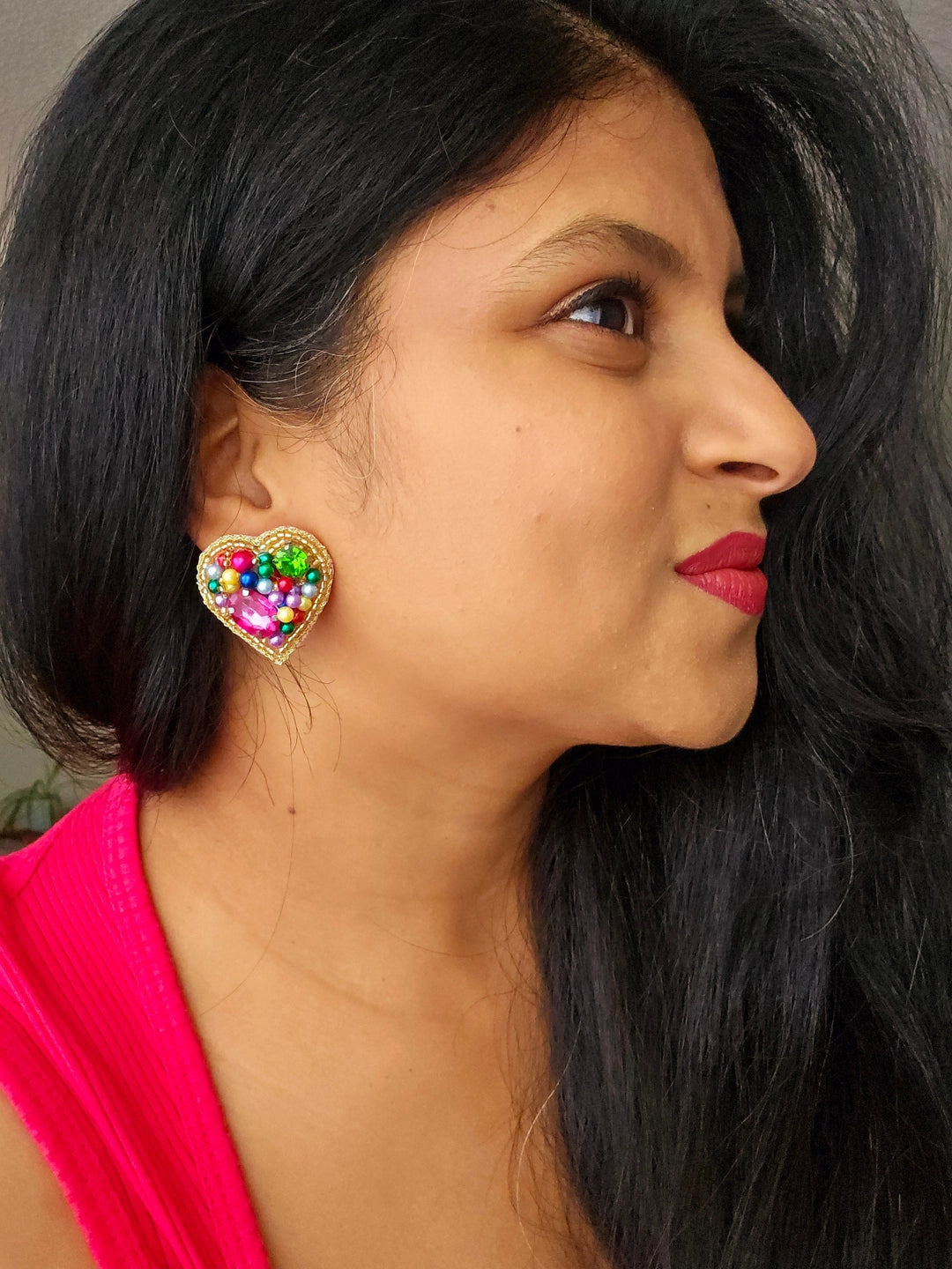 Multicoloured Heart Stud Earrings - Hand Embroidered