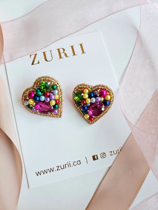 Multicoloured Heart Stud Earrings - Hand Embroidered