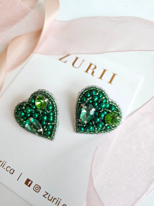 Green Heart Stud Earrings - Hand Embroidered