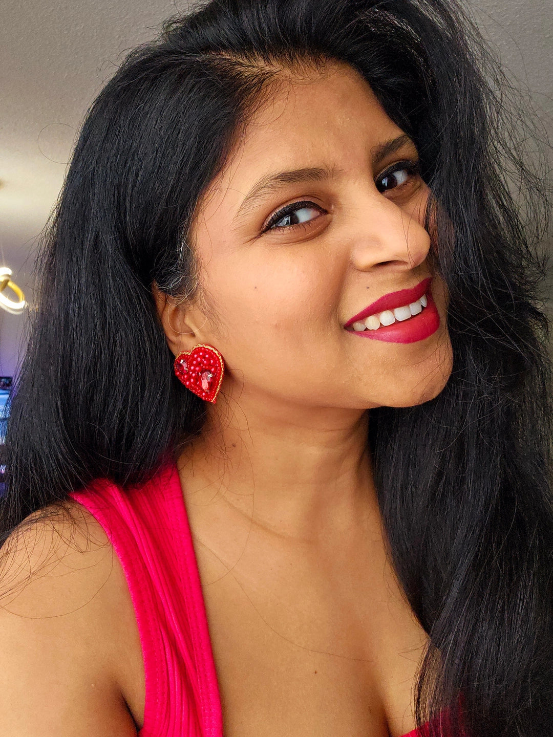 Red Heart Stud Earrings - Hand Embroidered