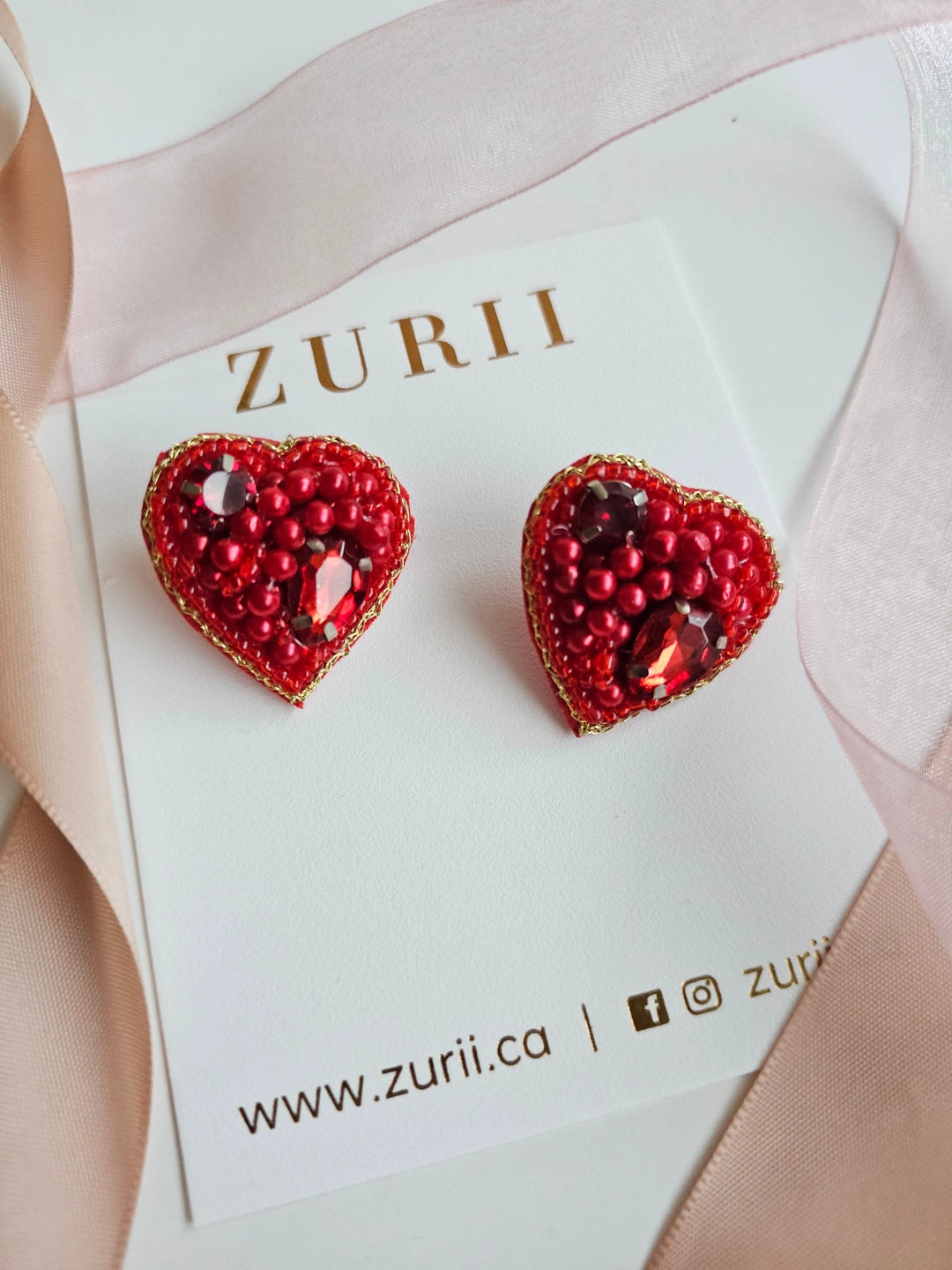 Red Heart Stud Earrings - Hand Embroidered