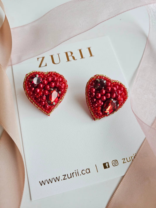 Red Heart Stud Earrings - Hand Embroidered