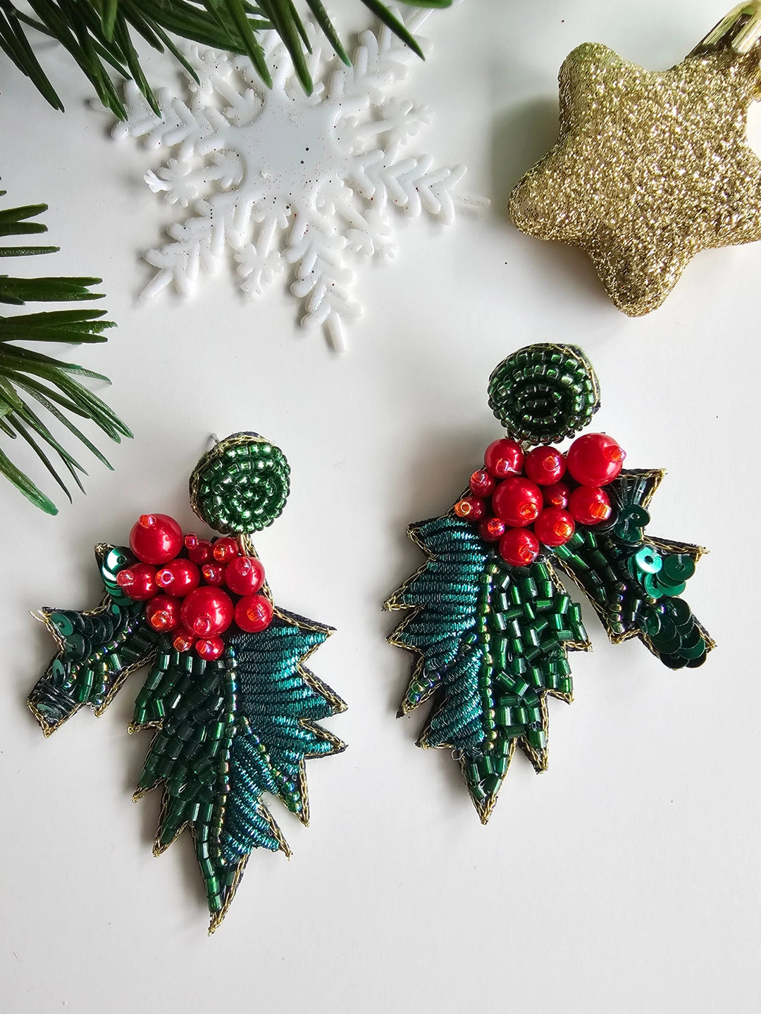 Holly Dangle Earrings - Hand Embroidered