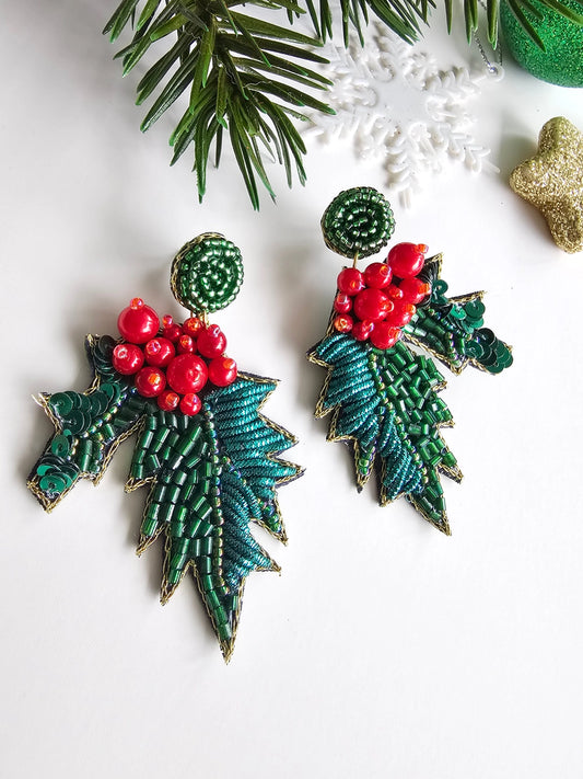 Holly Dangle Earrings - Hand Embroidered