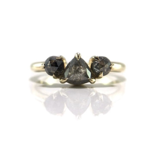14k Yellow 3-Stone Ring with 0.93cts Total Salt & Pepper Rose-Cut Diamonds