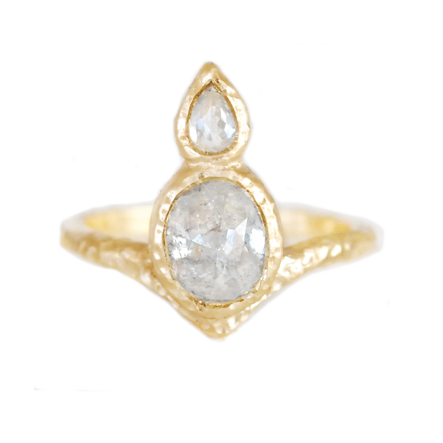 14K yellow gold organic Chevron ring with bezel-set 1.37ct oval rose-cut diamond and 0.15ct pear-shaped rose-cut diamond arranged vertically down the finger.