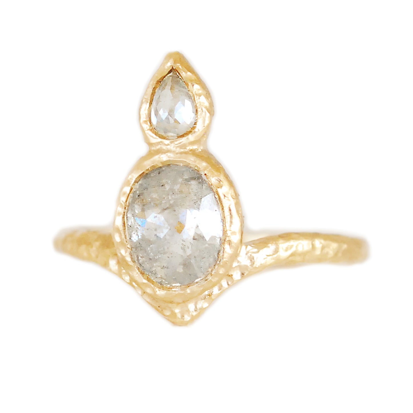 14K yellow gold organic Chevron ring with bezel-set 1.37ct oval rose-cut diamond and 0.15ct pear-shaped rose-cut diamond arranged vertically down the finger.