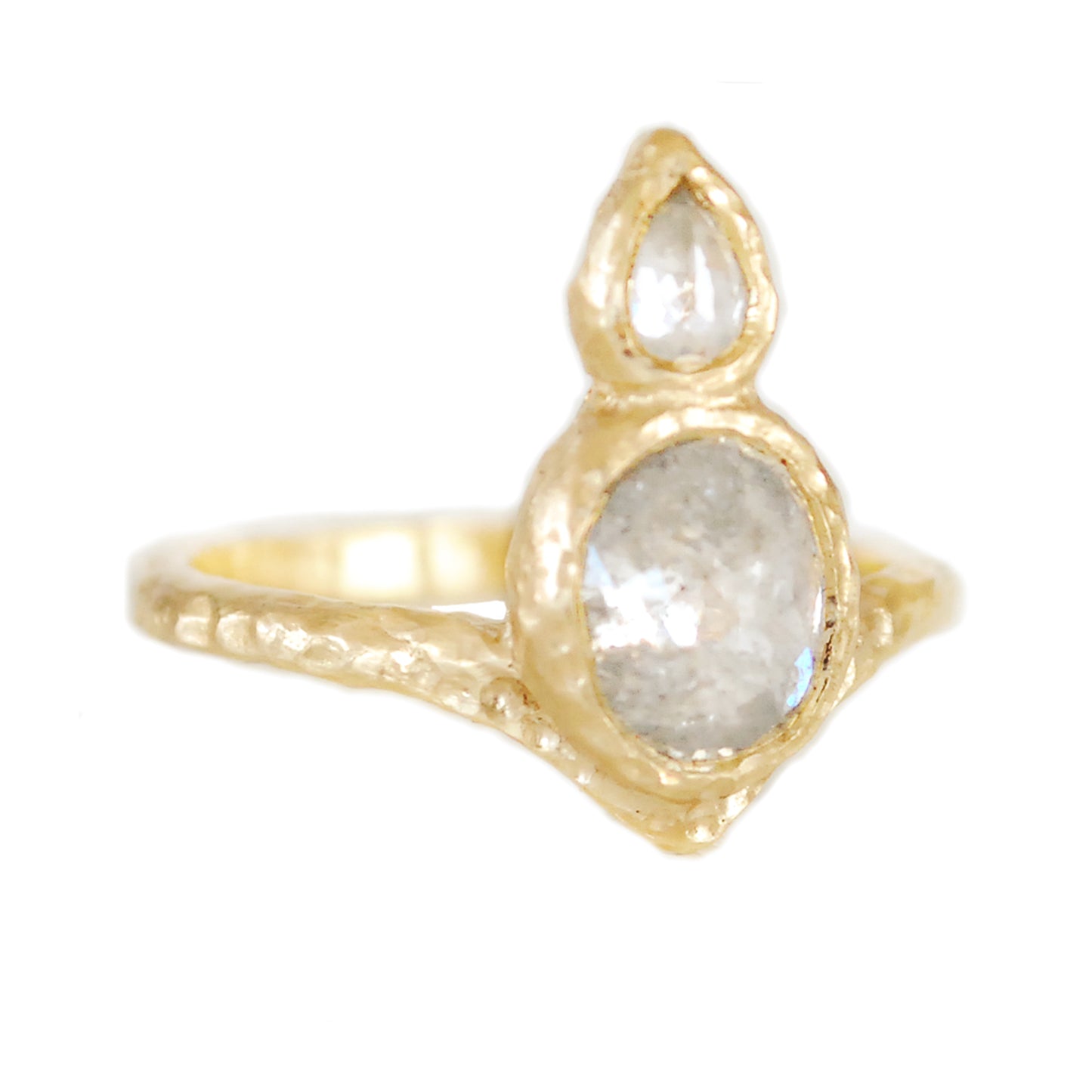 14K yellow gold organic Chevron ring with bezel-set 1.37ct oval rose-cut diamond and 0.15ct pear-shaped rose-cut diamond arranged vertically down the finger.