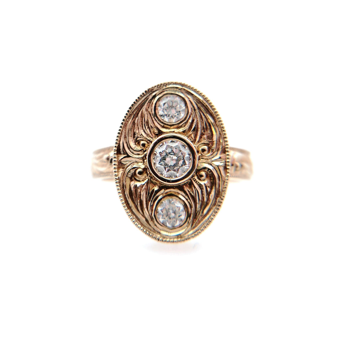 14k Yellow Hand-Engraved Three-Stone Ring with 0.46cts of Diamonds