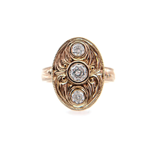 14k Yellow Hand-Engraved Three-Stone Ring with 0.46cts of Diamonds