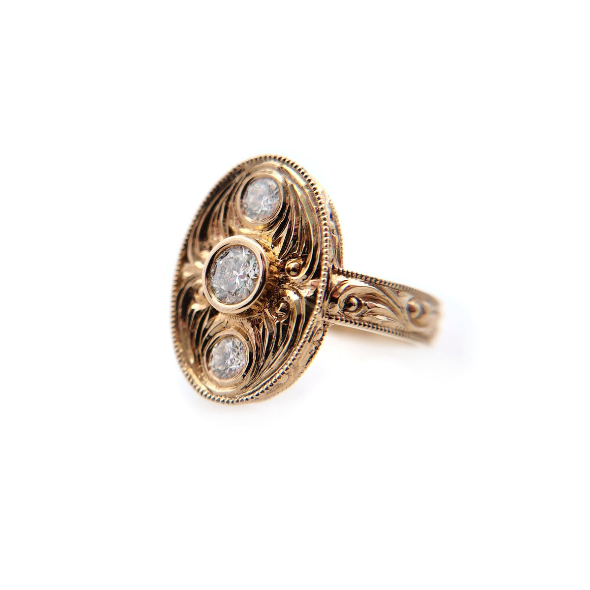 14k Yellow Hand-Engraved Three-Stone Ring with 0.46cts of Diamonds