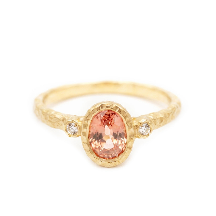 14K Yellow Organic Engagement Ring with Natural 1.11ct Oval Peach Sapphire and Accent Diamonds