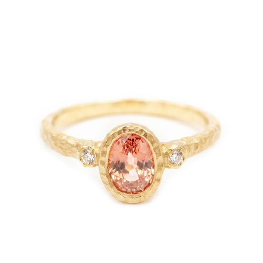 14K Yellow Organic Engagement Ring with Natural 1.11ct Oval Peach Sapphire and Accent Diamonds