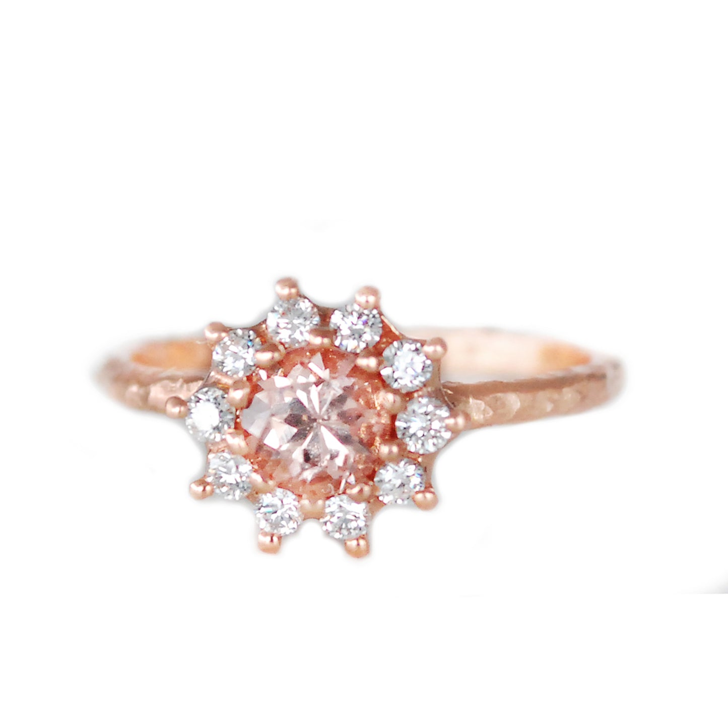 10k Rose Engagement Ring with Natural 0.62ct Malaya Garnet and Accent Diamond Halo