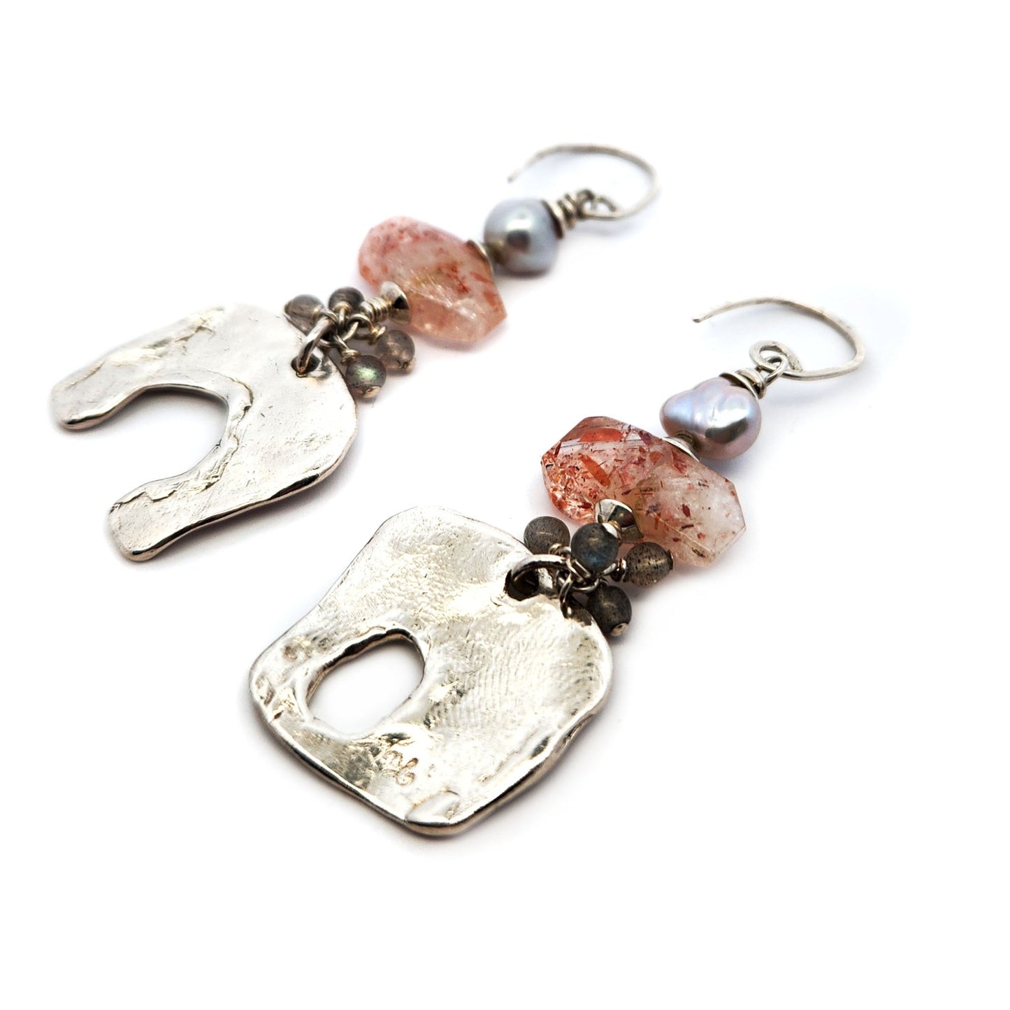 Silver Organic Earrings with Pearl & Sunstone