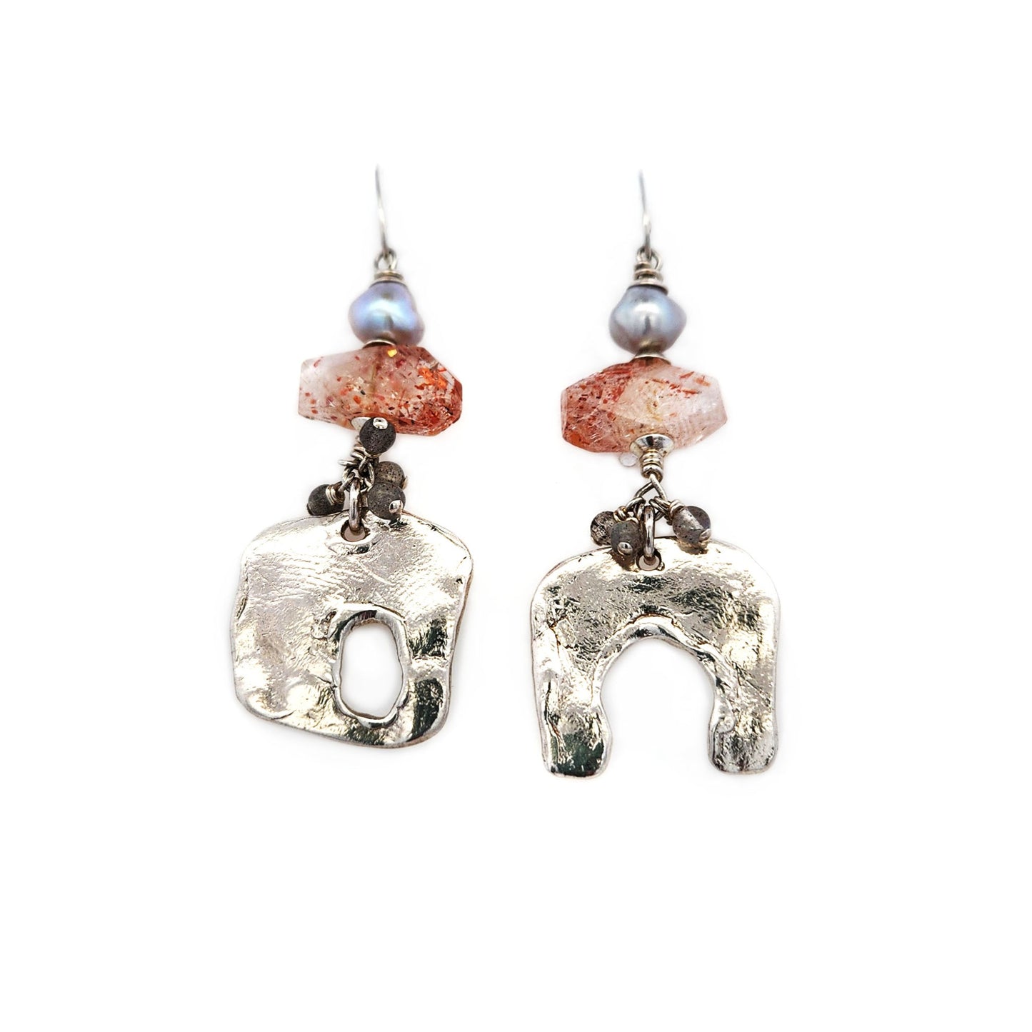 Silver Organic Earrings with Pearl & Sunstone