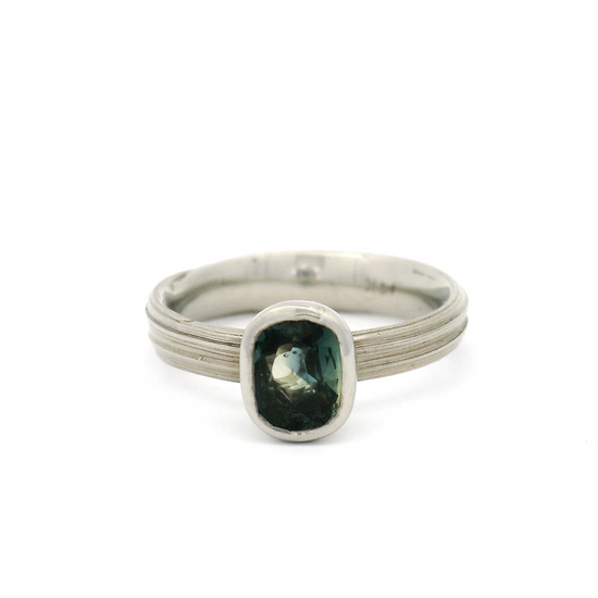 14k White Solitaire with 0.96ct Teal Sapphire