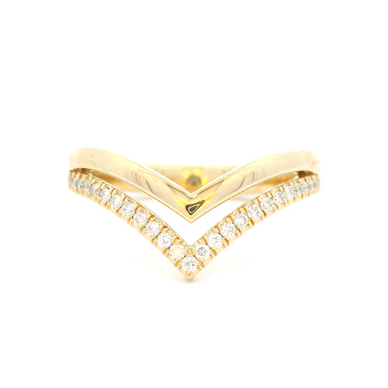 14k yellow double chevron ring set with 0.13cts total weight of diamonds.