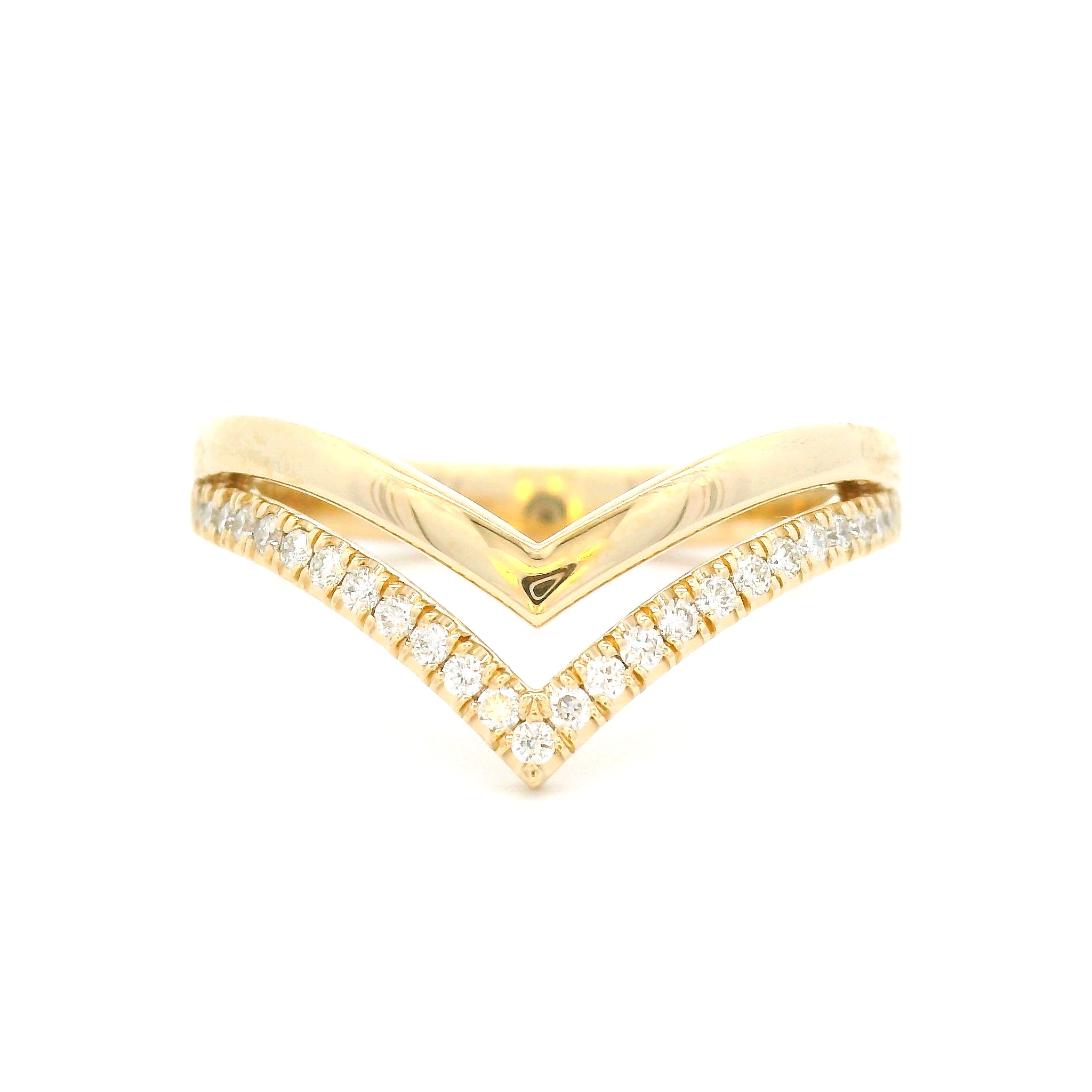 14k yellow double chevron ring set with 0.13cts total weight of diamonds.