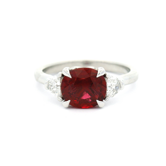 Platinum Three-Stone Ring with Natural 1.6ct Cushion-Cut Ruby & 1/2 Moon Diamonds