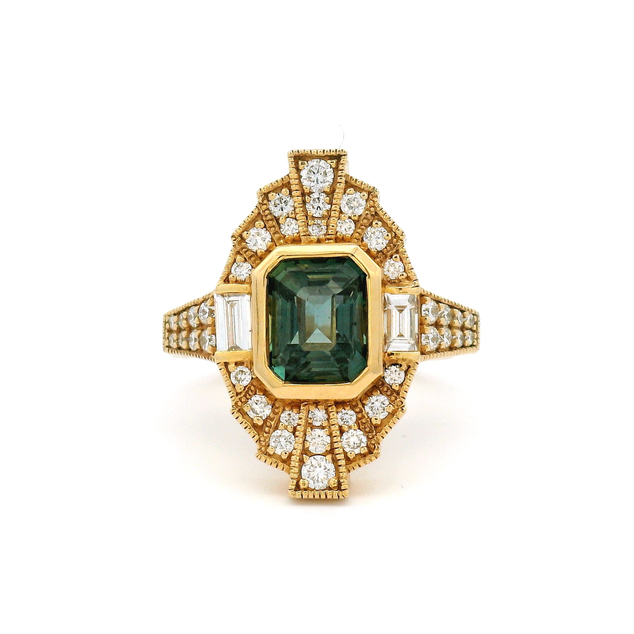 14k Yellow 1.60ct Green Sapphire Shield Ring with Accent Diamonds
