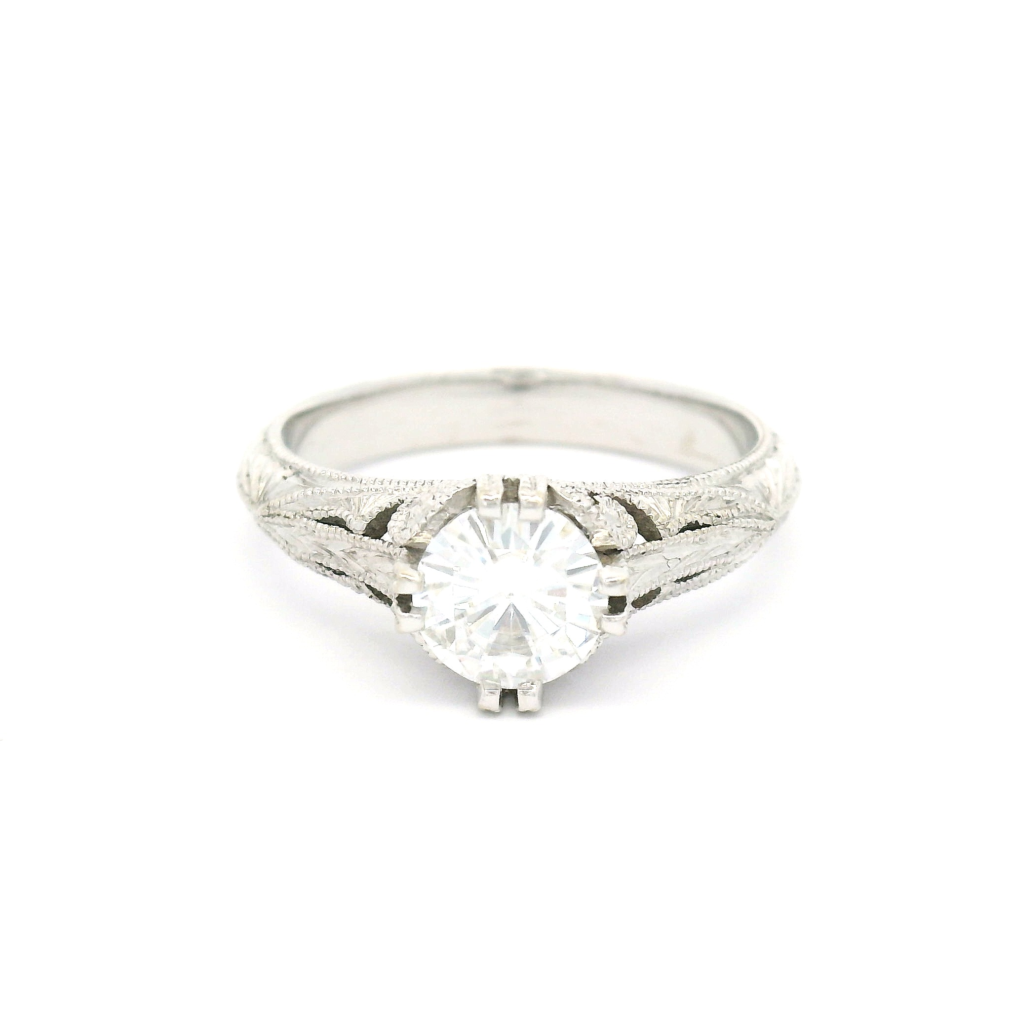 14k White Hand Engraved Moissanite Floral Solitaire