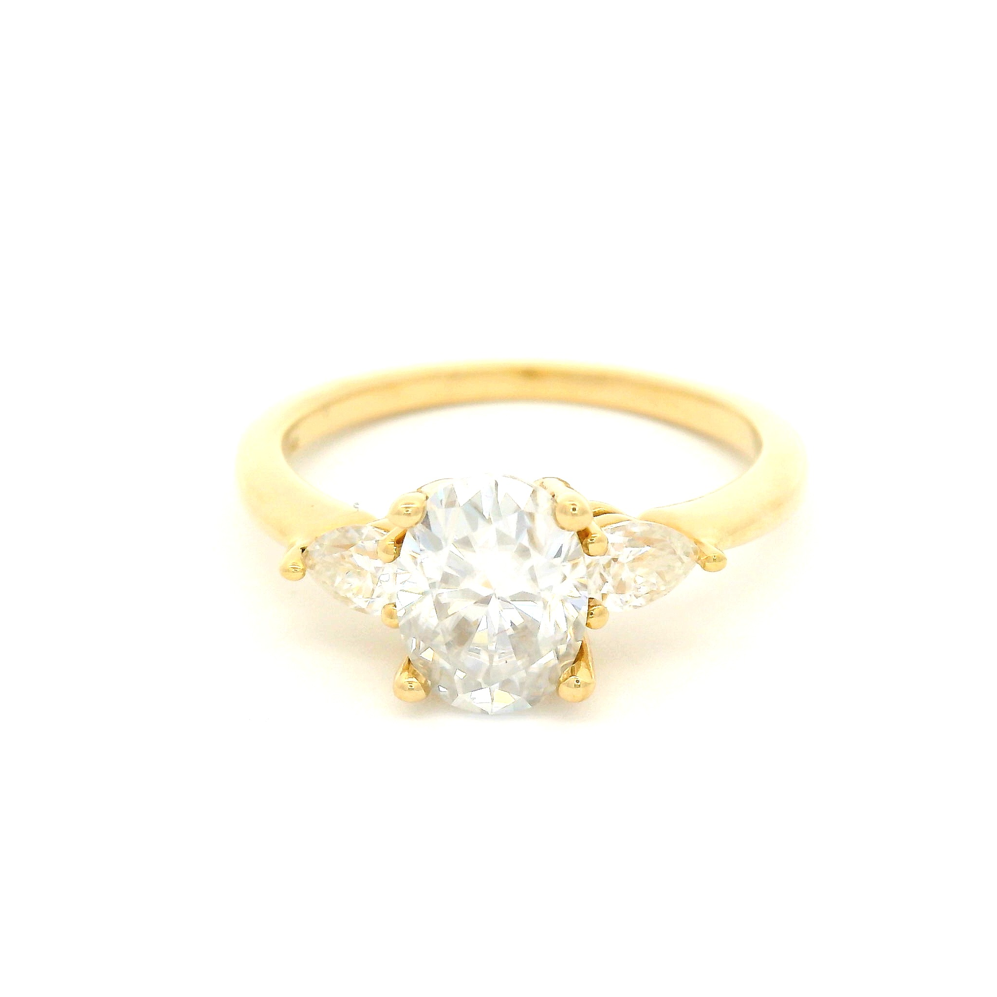 14k Yellow Oval Moissanite Three Stone Engagement Ring