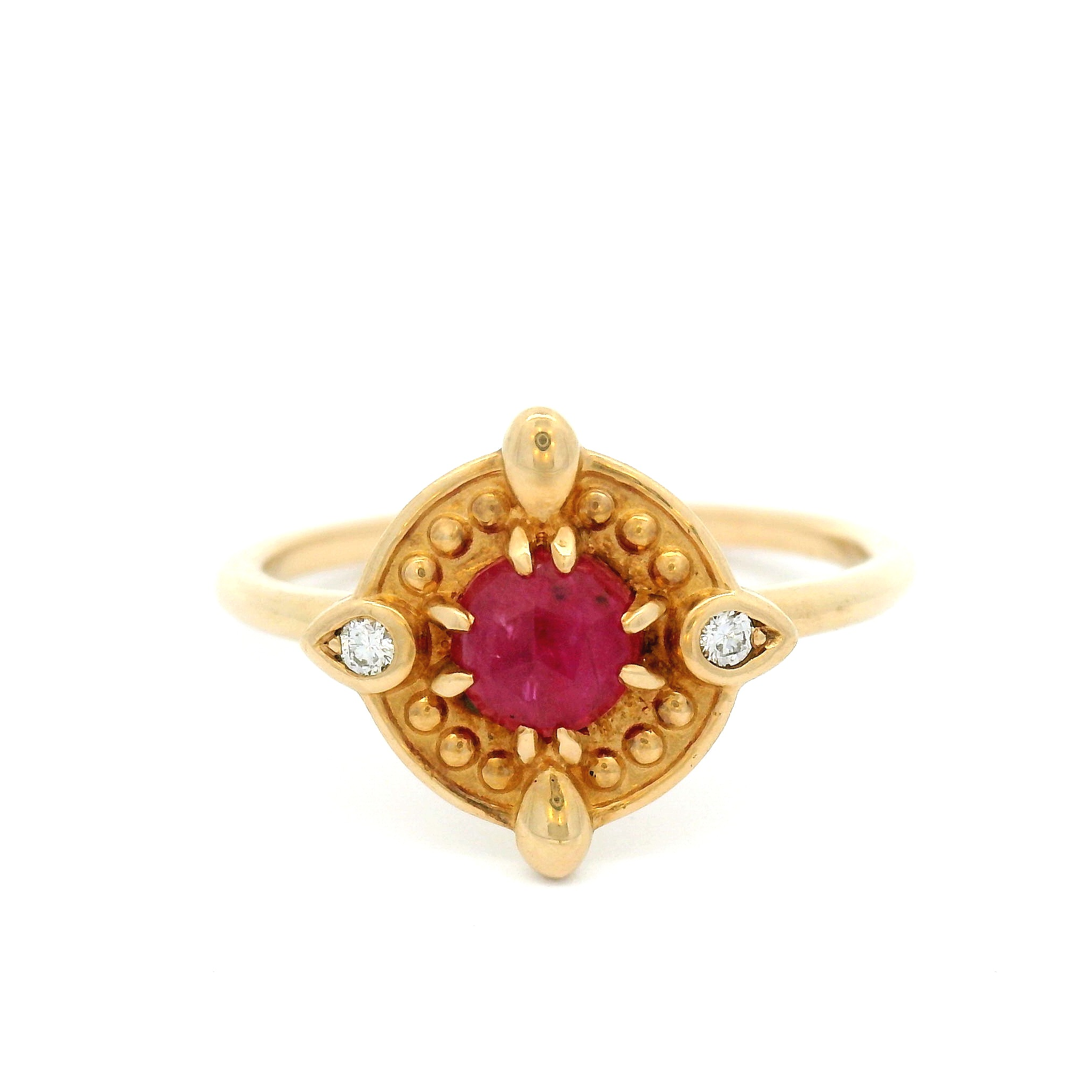 14k Yellow Ring with 5mm Rose-Cut Ruby and Accent Diamonds