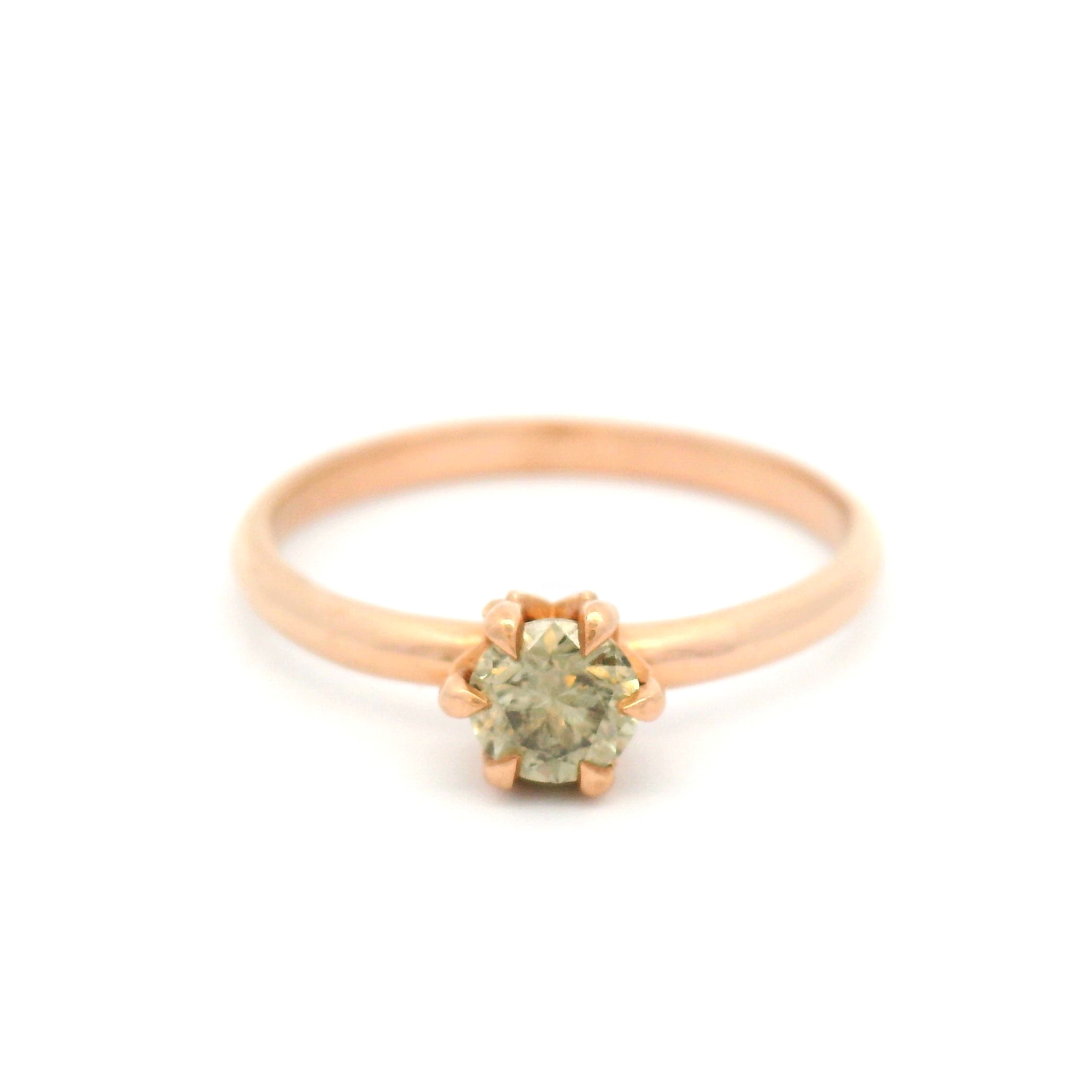 14k Rose Gold Solitaire with Greenish Round Brilliant Cut Diamond
