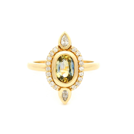 14k Yellow Engagement Ring with Oval Parti Sapphire and Lab-Grown Accent Diamonds