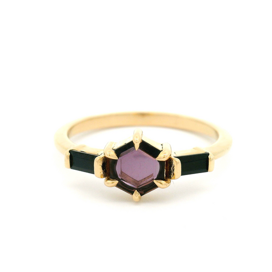 14k Yellow Three-Stone Ring with 0.43ct Purple Spinel with Accent Black Spinel Baguettes