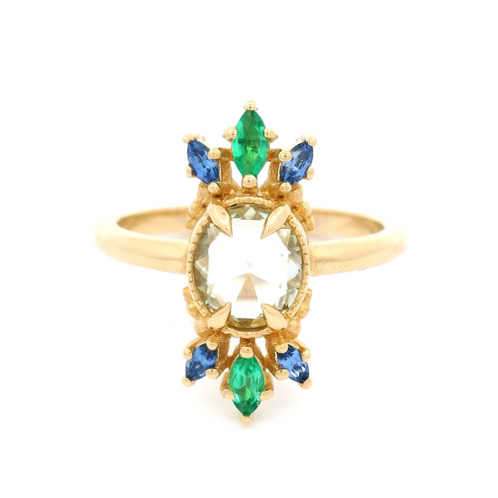 14k Yellow Mulit-Stone Ring with 1.03ct White Sapphire Rose Cut with Accent Emeralds and Blue Sapphires