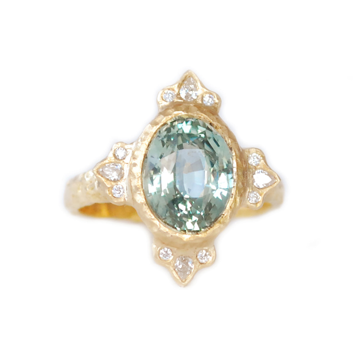 14k Yellow Organic Engagement Ring with Natural 4.2ct Green Sapphire and Accent Diamonds