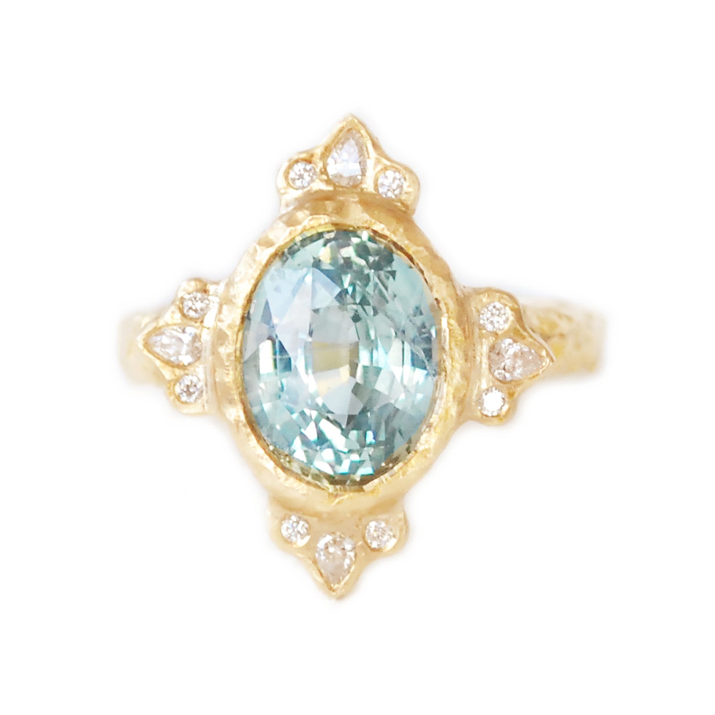 14k Yellow Organic Engagement Ring with Natural 4.2ct Green Sapphire and Accent Diamonds