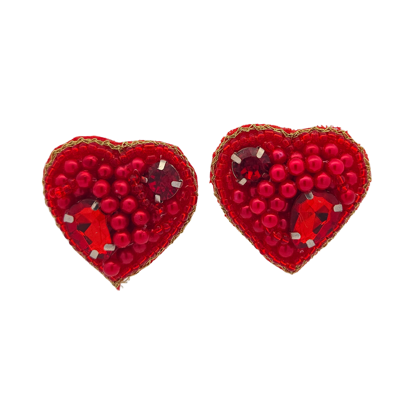 Red Heart Stud Earrings - Hand Embroidered