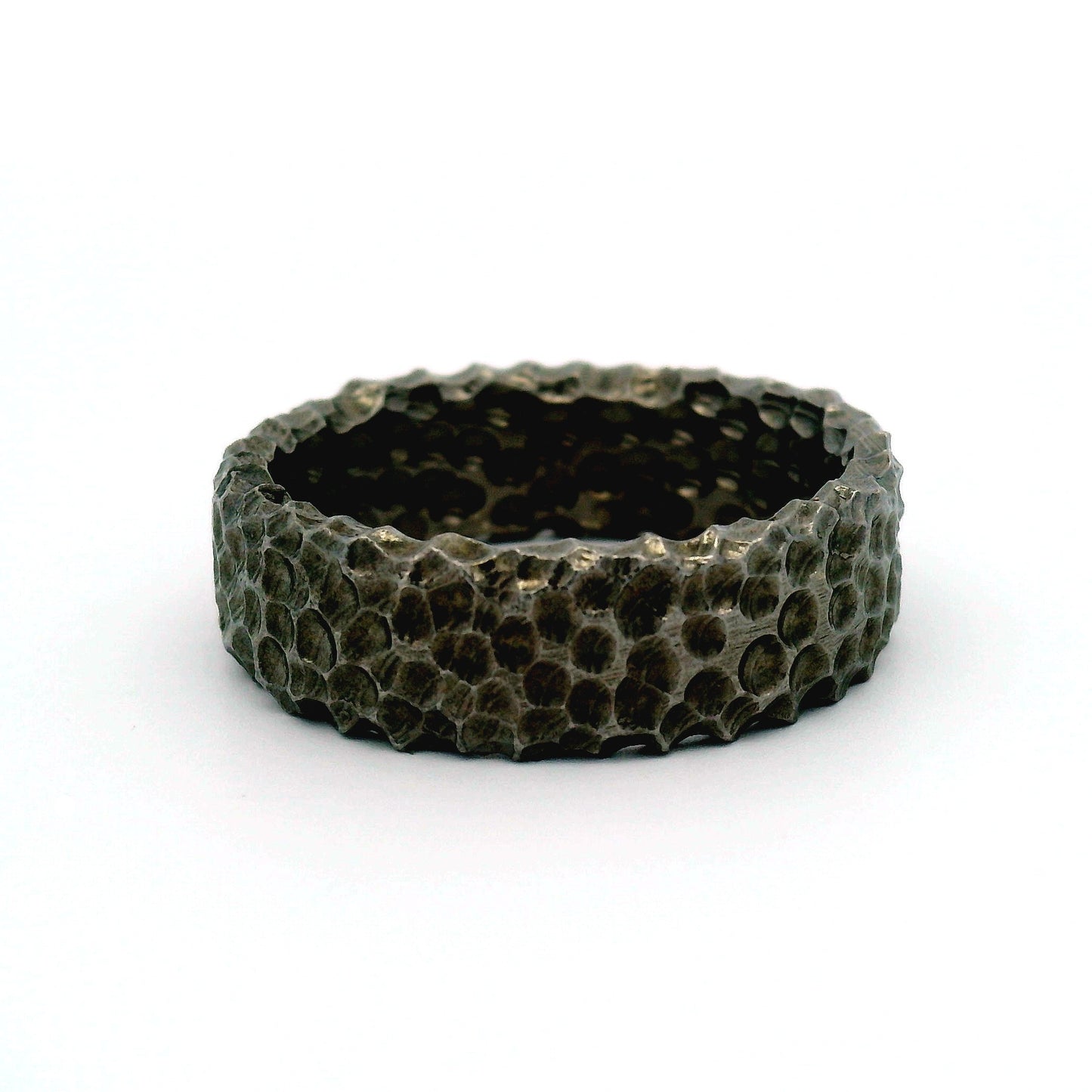14K White Heavy Textured Black Band