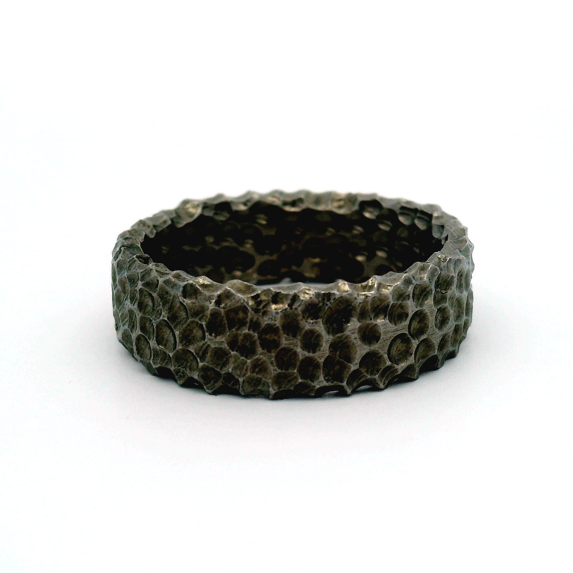 14K White Heavy Textured Black Band