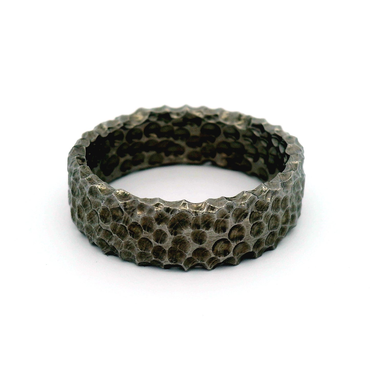 14K White Heavy Textured Black Band